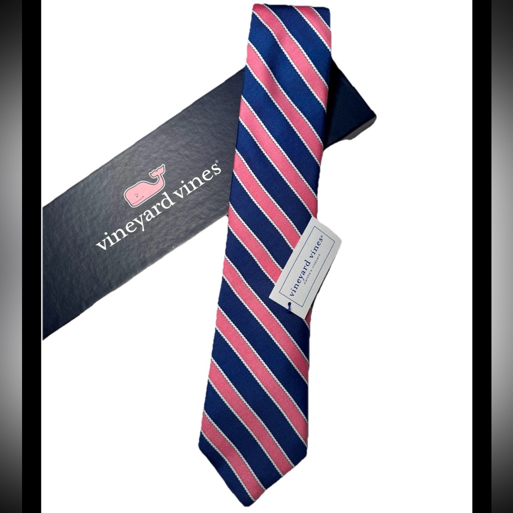 NWT Vineyard Vines Mens 100% Silk Tie Made in USA Blue Pink Rope Rep Striped 58” - Picture 2 of 10